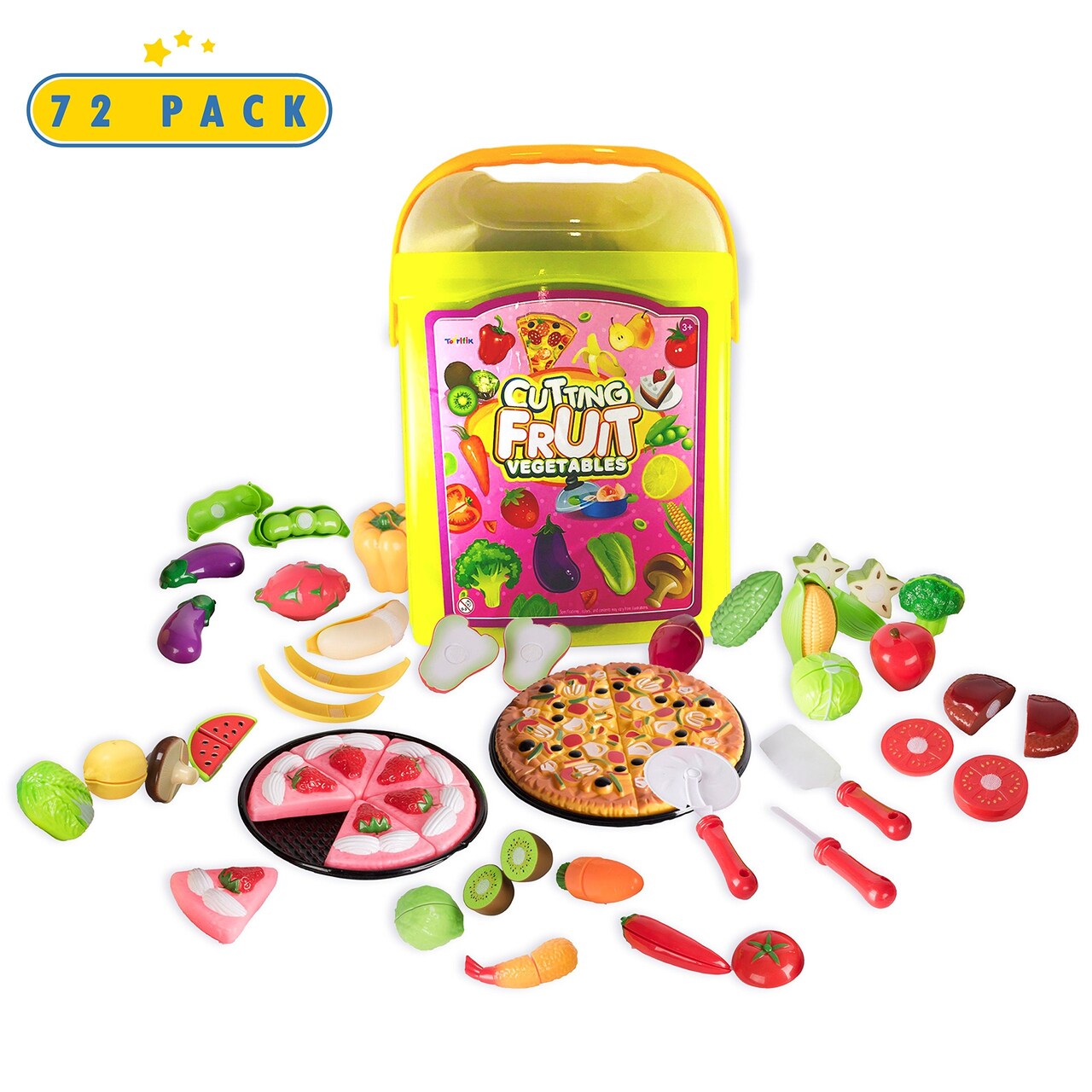 Play Food Kitchen Toys Set - 72 Piece Fake Fruits And Vegetables Toddler Cutting Play-Set